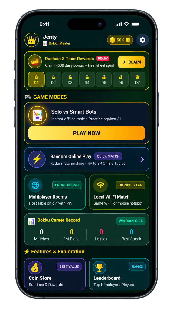 Call Kitty mobile app interface showing real game modes, smart bots, multiplayer rooms, and career records